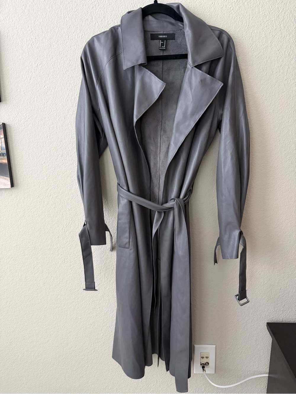 Forever 21 Gray Faux Leather Belted Trench Coat
